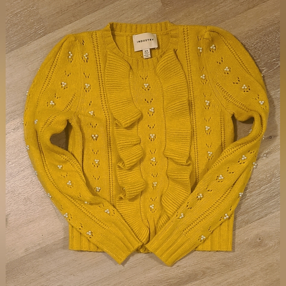 Industry Republic Mustard Yellow Beaded Wool Blend Puff Long Sleeve Sweater M